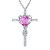 TOUPOP Sterling Silver Pink Tourmaline Cross Necklace-undefined