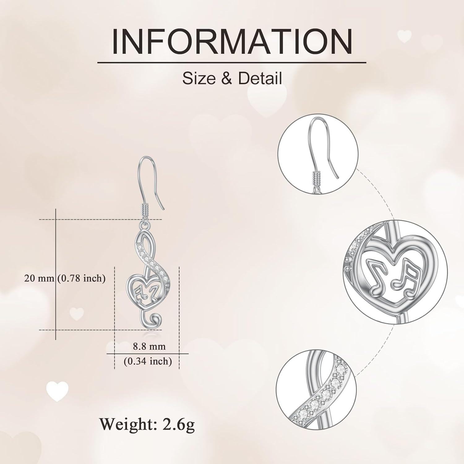  Sterling Silver Cubic Zirconia Music Note Earrings Necklace Pendant Jewelry Gift -0-4