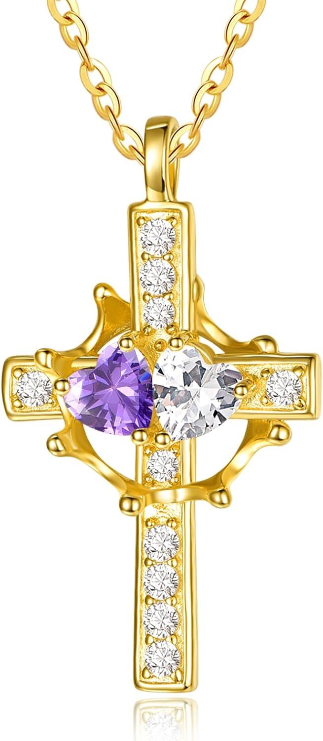 Sterling Silver Birthstones Gold Cross Necklace for Women -02-04-Feb-Apr-02-04-Feb-Apr