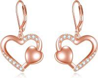 wholesale 925 Sterling Silver Plated Rose Gold  Double Heart Drop Earrings with Cubic Zirconia-Heart