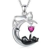 wholesale 925 Sterling Silver Onyx Cat Moon Pendant Necklace Women s Jewelry Gift-July - Ruby