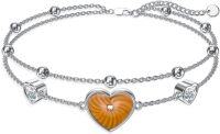 wholesale 925 Sterling Silver Heart-Shaped Orange Stone Double-Strand Ankle Anklet for Women's Footwear Accessories-Heart
