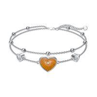wholesale 925 Sterling Silver Heart-Shaped Orange Stone Double-Strand Ankle Anklet for Women's Footwear Accessories-Heart