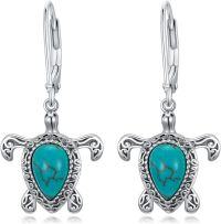 wholesale Sterling Silver Genuine Turquoise Hummingbird Owl Parrot Turtle Dangle Earrings-Turtle