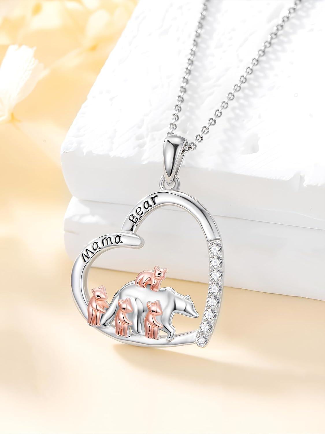 925 Sterling Silver Mama Bear Family Pendant Necklace with Cub Cubs Love Heart Charm  for Women Girls-0-3