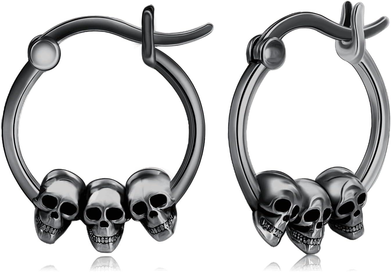 wholesale 925 Sterling Silver Black Skulls Gothic Huggie Hoop Earrings-0-0