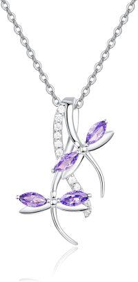 wholesale 925 Sterling Silver Purple Crystal Dragonfly Pendant Necklace with Extender Chain (30)-Purple Alexandrite