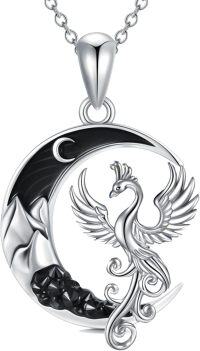 wholesale 925 Sterling Silver Phoenix Moon Pendant Necklace with Black Crystal Stone and Crescent Design-Phoenix
