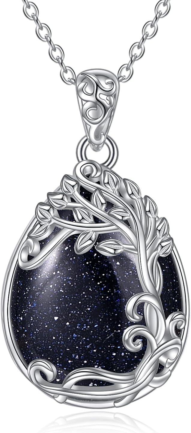 Sterling Silver Moonstone Filigree Teardrop Pendant Necklace for Women-II-Tree of Life Blue Sandstone Necklace