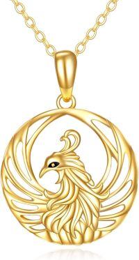 wholesale 14K Gold Round Cutout Phoenix Bird Charm Pendant Necklace for Women and Girls-Yellow gold phoenix necklace