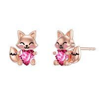 wholesale 925 Sterling Silver Cute Fox Holding Heart Earrings Wholesale Pink-July