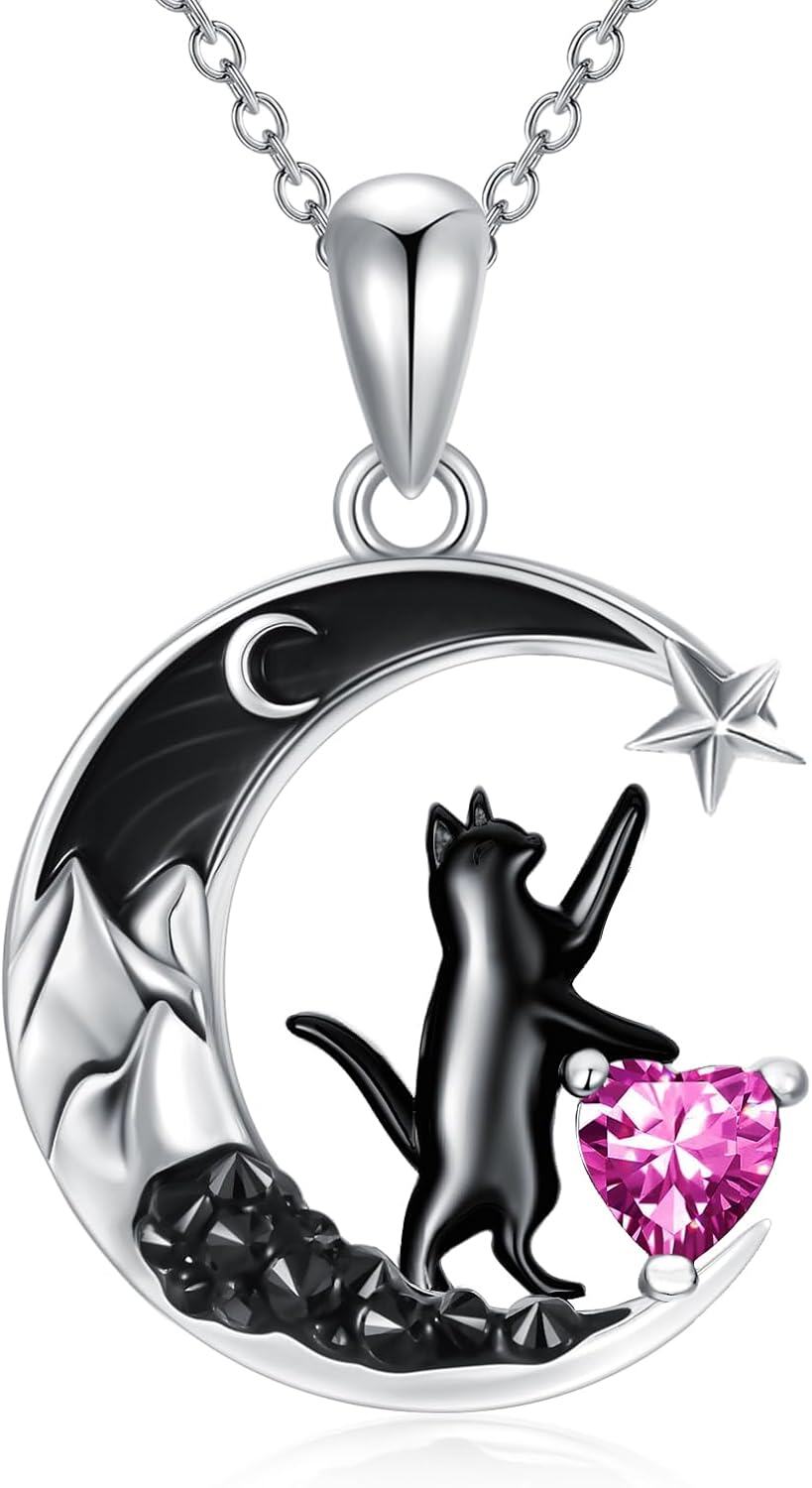 Sterling Silver Black Cat Necklace with Heart Birthstone Crescent Moon Star Pendant Gothic Jewelry Gift for Women Wife Cat Lover-10-Oct-Pink