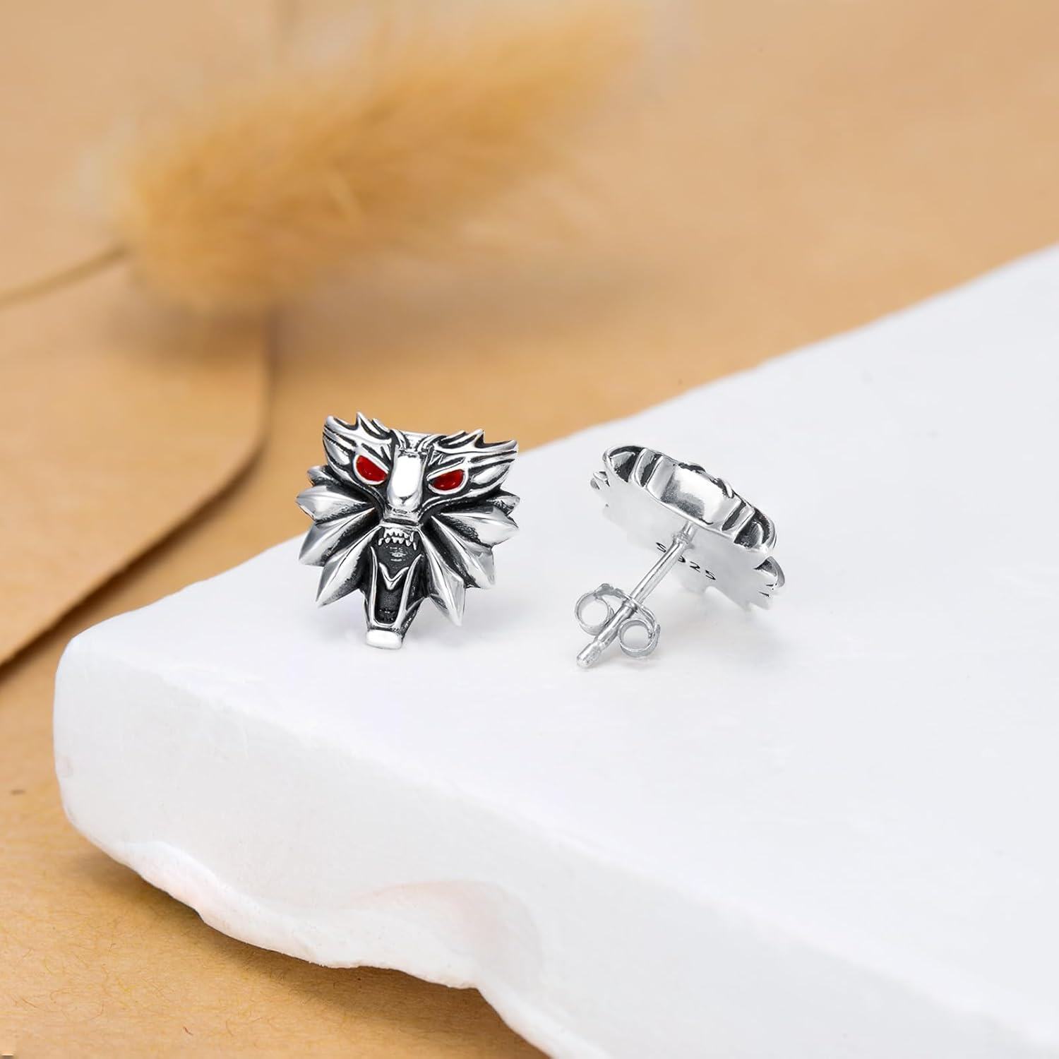 wholesale 925 Sterling Silver Wolf Head Stud Earrings with Red Eyes and Spikes - Gothic s for Women & Men-0-1