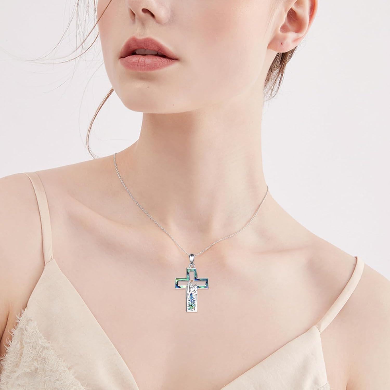 wholesale 925 Sterling Silver Abalone Shell Tree of Life Cross Pendant Necklace for Women Gifts-0-5