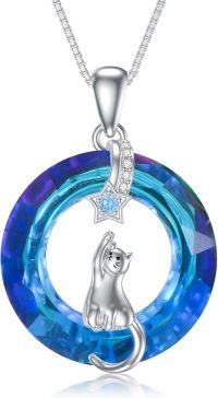 wholesale TOUPOP Cat Lovers Gifts For Women Sterling Silver Cat Star Stuff Animal Pendant Necklace With Blue Cirlce Crystal For Her Jewelry Birthday Anniversary Christmas -undefined