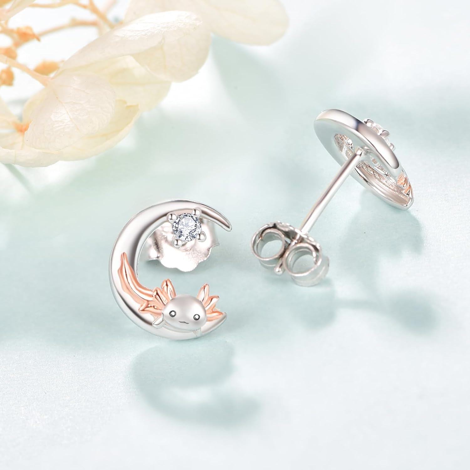 925 Sterling Silver Axolotl Moon Stud Earrings with Rose Gold Accents and Cubic Zirconia Stones for Women-0-1