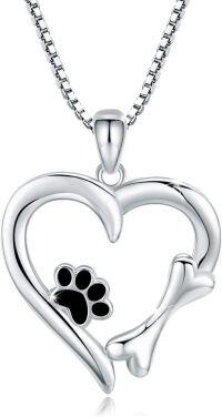 wholesale 925 Sterling Silver Heart-Shaped Pendant Necklaces with Black Enamel Dog Paw Print and Bone Design Gifts for Women-A-Dog Paw