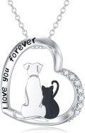 wholesale 925 Sterling Silver Cat & Dog Heart Pendant Necklace with Cubic Zirconia Stones and I Love You Forever Inscription-0-0