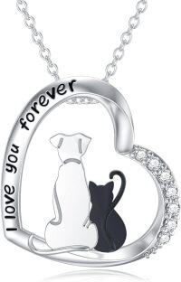 wholesale 925 Sterling Silver Cat & Dog Heart Pendant Necklace with Cubic Zirconia Stones and I Love You Forever Inscription-Cat and Dog