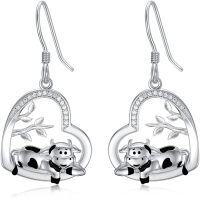 wholesale 925 Sterling Silver Heart-Shaped Cow Dangle Earrings with Cubic Zirconia and Leaf Details-Cow