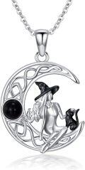 wholesale 925 Sterling Silver Witch and Black Cat Crescent Moon Necklace Gothic Jewelry-0-0
