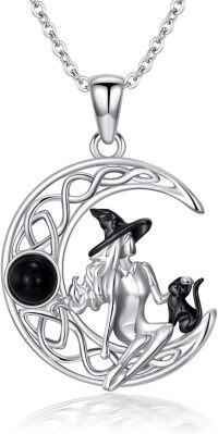 wholesale 925 Sterling Silver Witch and Black Cat Crescent Moon Necklace Gothic Jewelry-Witch-cat