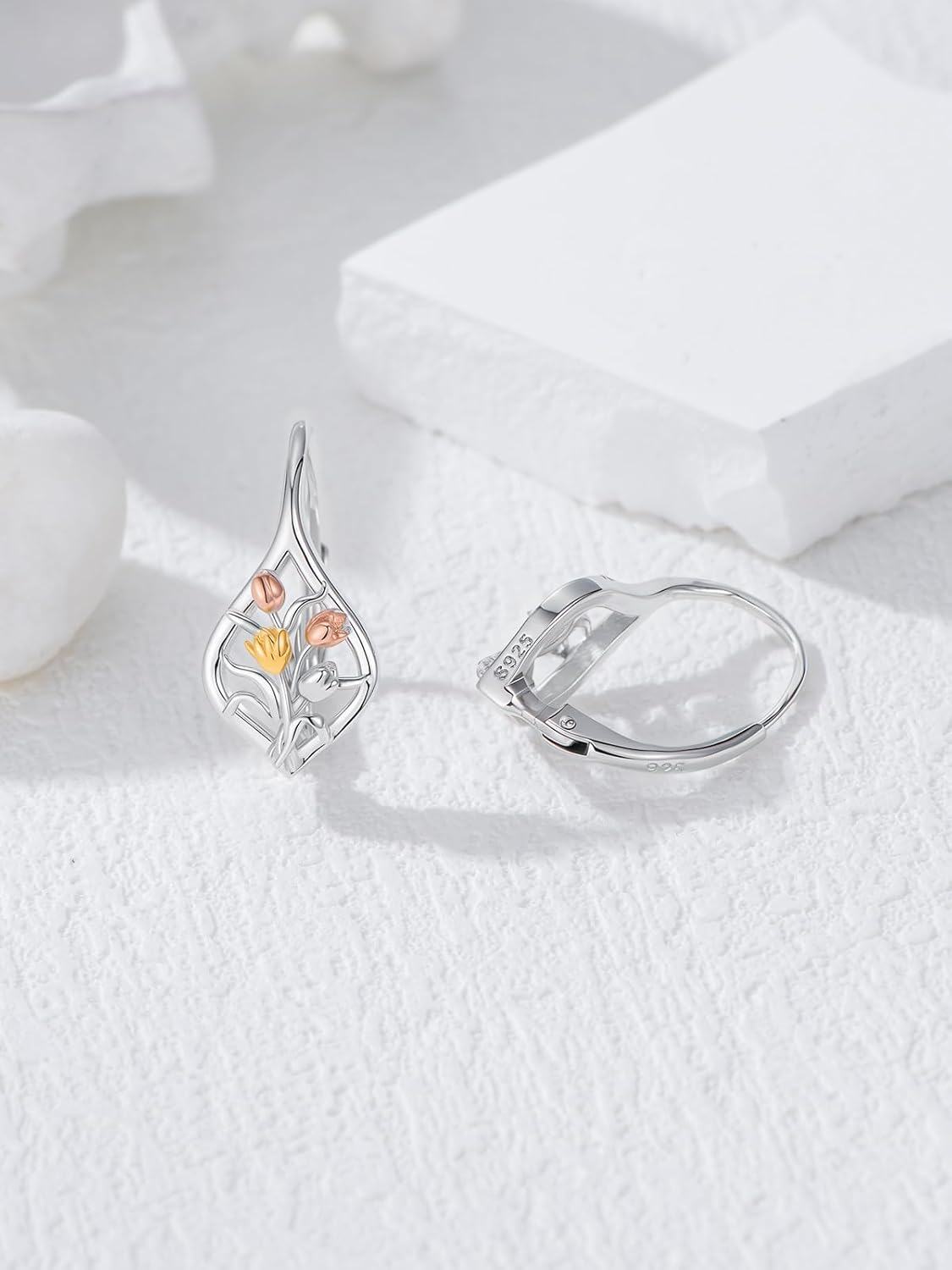 wholesale 925 Sterling Silver Tulip Flower Tree of Life Leverback Earrings s for Women Mom Birthday Mothers Day-0-2