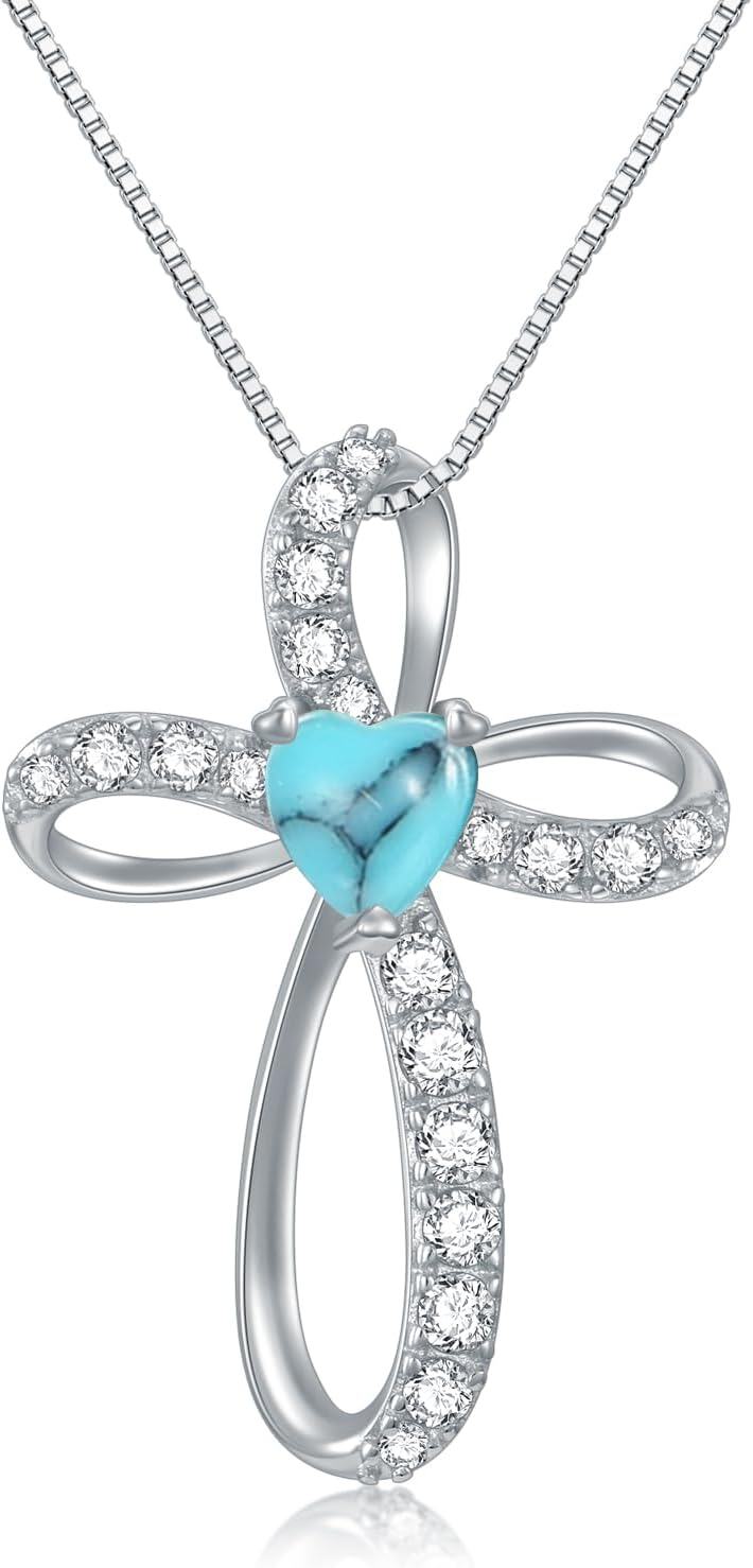  Sterling Silver Birthstone Cross Necklace for Women Birthday Mother s Day Gift ( )-12-Dec Birthstone - Turquoise