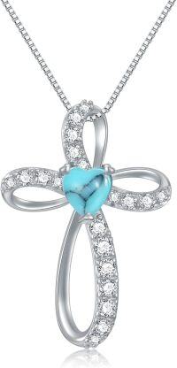 wholesale 925 Sterling Silver Birthstone Cross Necklace for Women Birthday Mother s Day Gift ( )-12-Dec Birthstone - Turquoise
