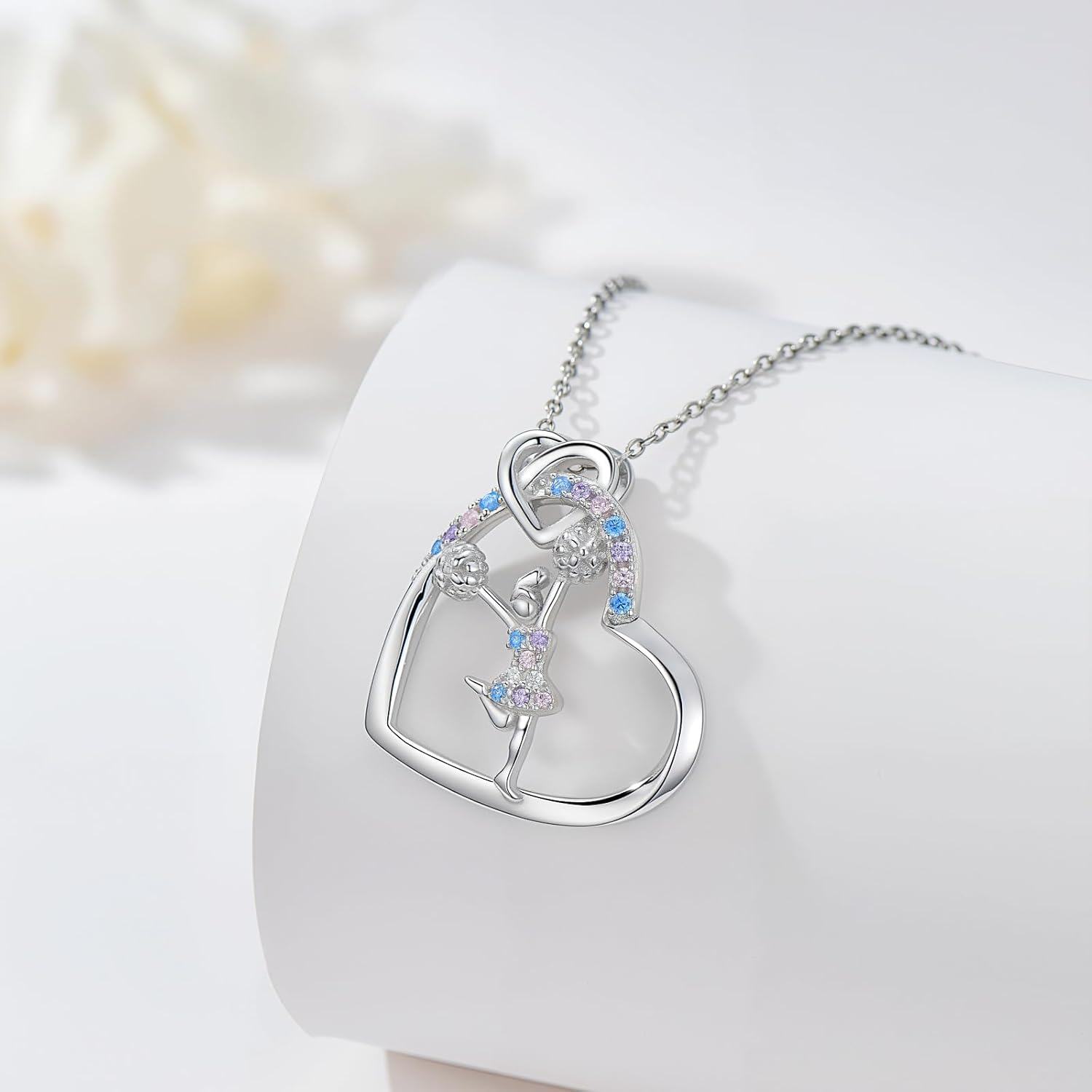 925 Sterling Silver Heart-Shaped Ballerina Dance Pendant Necklace with Multi-Colored Crystals and Chain for Women-0-2