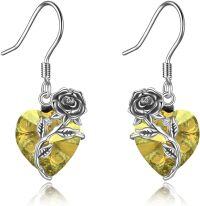wholesale 925 Sterling Silver Rose Birthstone Heart Dangle Drop Earrings for Women-11 Nov - Citrine