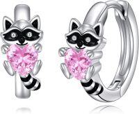 wholesale 925 Sterling Silver Raccoon with Pink CZ Heart Studs - Adorable Animal  for Her-Raccoon