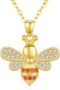 wholesale 925 Sterling Silver Plated Gold  Honeybee Pendant Necklace with Cubic Zirconia and Orange Stones-0-0