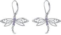 wholesale 925 Sterling Silver Dragonfly Purple Crystal Drop Earrings Halloween Gift for Her-Dragonfly B