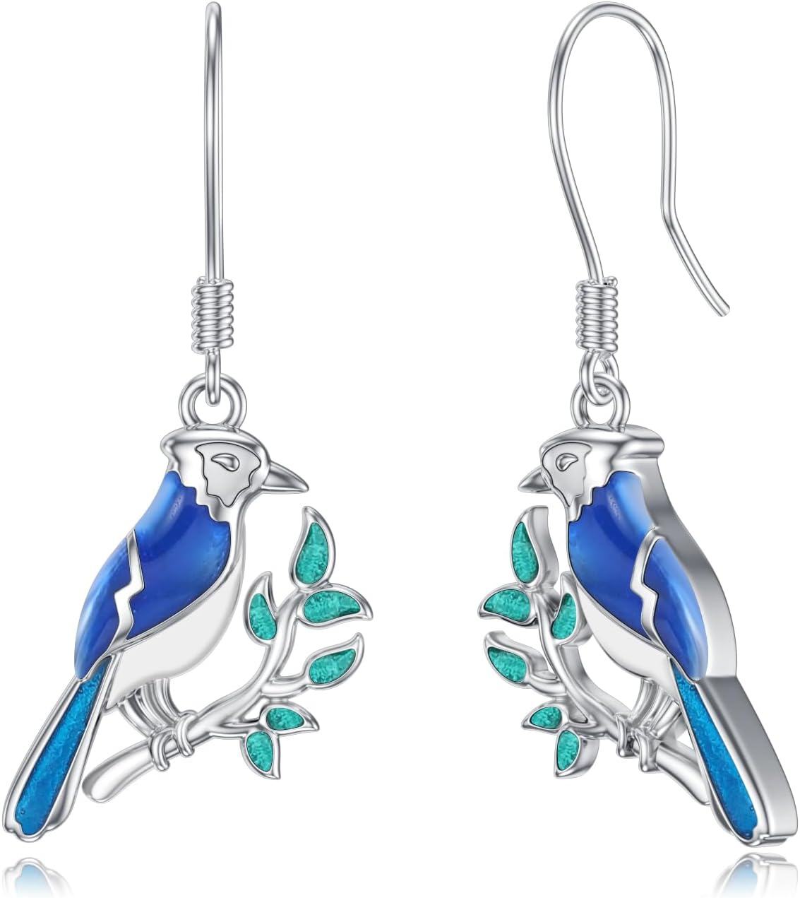 wholesale 925 Sterling Silver Blue Bird on Branch Drop Earrings with Turquoise Accents-0-0