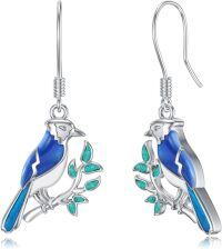 wholesale 925 Sterling Silver Blue Bird on Branch Drop Earrings with Turquoise Accents-blue jay-haert