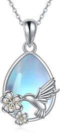 wholesale 925 Sterling Silver Teardrop Moonstone Hummingbird Flower Pendant Necklace-0-0