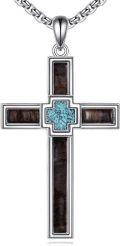 wholesale 925 Sterling Silver Cross with Turquoise and Wooden Inlay Pendant Necklace -0-0