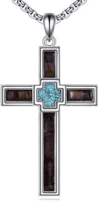 wholesale 925 Sterling Silver Cross with Turquoise and Wooden Inlay Pendant Necklace -Double Cross