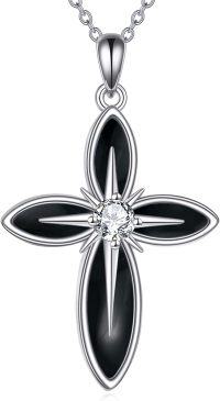 wholesale 925 Sterling Silver Black Onyx and Cubic Zirconia Cross Pendant Necklace for Women & Men Religious s-Black onyx cross