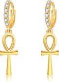wholesale 925 Sterling Silver Egyptian Cross Dangle Hoop Earrings with Cubic Zirconia for Women and Girls-0-0