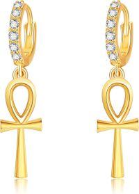 wholesale 925 Sterling Silver Egyptian Cross Dangle Hoop Earrings with Cubic Zirconia for Women and Girls-ankh