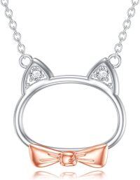 wholesale 925 Sterling Silver Bow Tie Cat Pendant Necklace with Blue Topaz and Cubic Zirconias 18+2 Chain-White-Diamond
