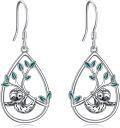 wholesale 925 Sterling Silver Sloth Teardrop Dangle Earrings with Green Enamel Leaves-0-0