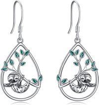wholesale 925 Sterling Silver Sloth Teardrop Dangle Earrings with Green Enamel Leaves-Sloth-A