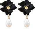 wholesale Pearl Bohemian Flower Earrings - Black Petal Studs with White Pearls for Women-0-0