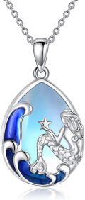 wholesale 925 Sterling Silver Blue Opal Mermaid Pendant Necklace for Women Ocean Wave Starfish  48 Chain Length-0-0