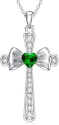 wholesale  925 Sterling Silver Emerald Cross Bow Pendant Necklace with Cubic Zirconia - May Birthstone Gift for Women-0-0