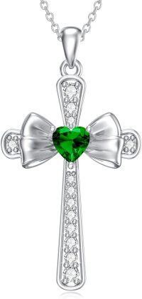 wholesale  925 Sterling Silver Emerald Cross Bow Pendant Necklace with Cubic Zirconia - May Birthstone Gift for Women-05-May-Emerald