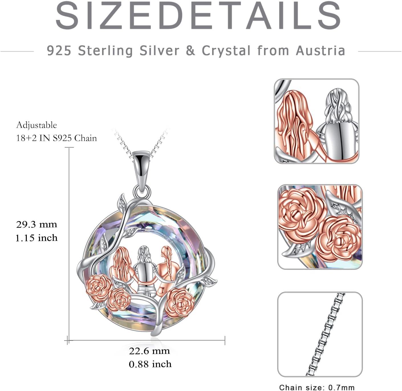 925 Sterling Silver Rainbow Crystal Rose Flower Sisters Circle Pendant Necklace-0-5